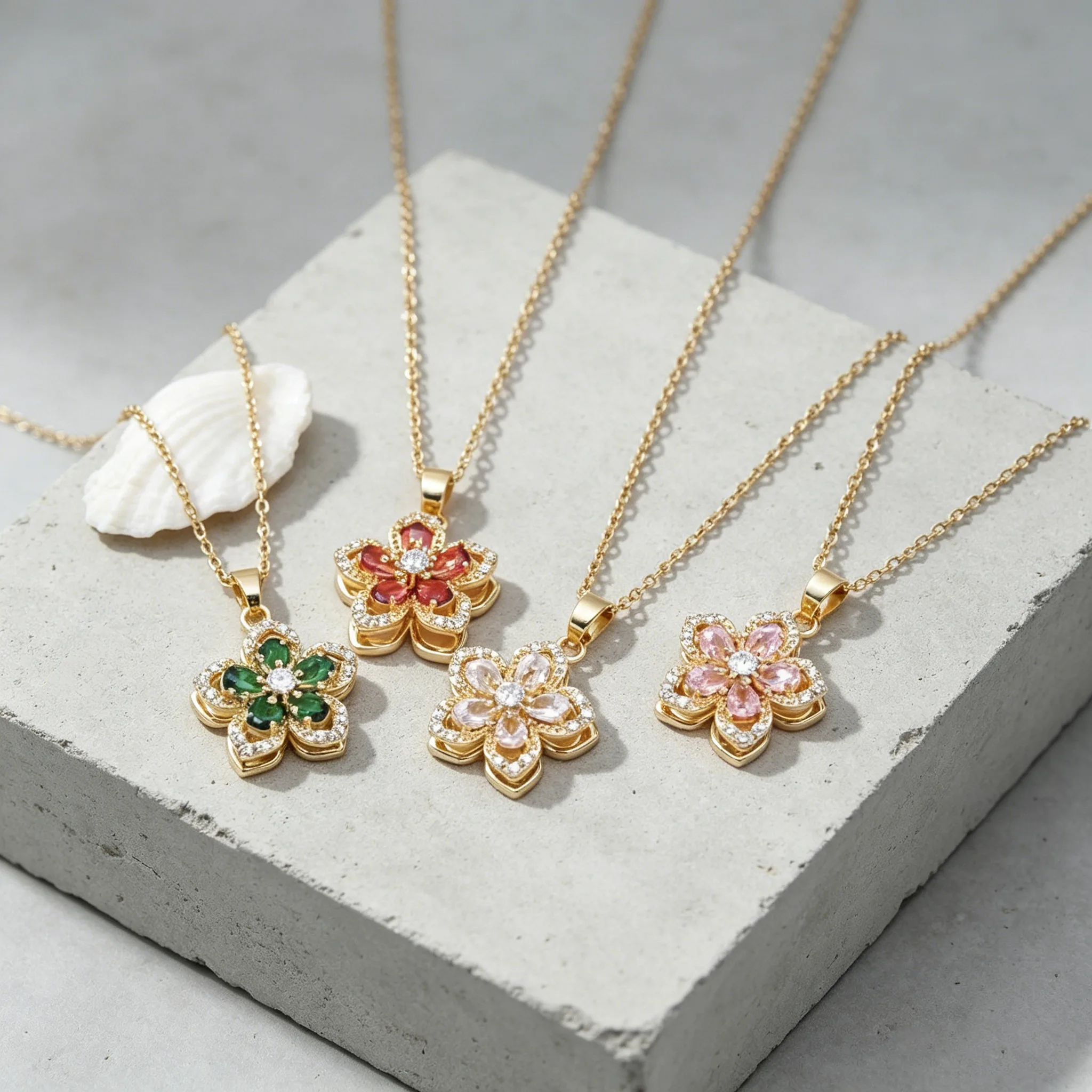 Multi Color Shiny Zircon Rotatable Five Petal Flower Pendant Fidget Necklaces Dainty Light Luxury Fashion Women Daily Gift Jewelry view 3