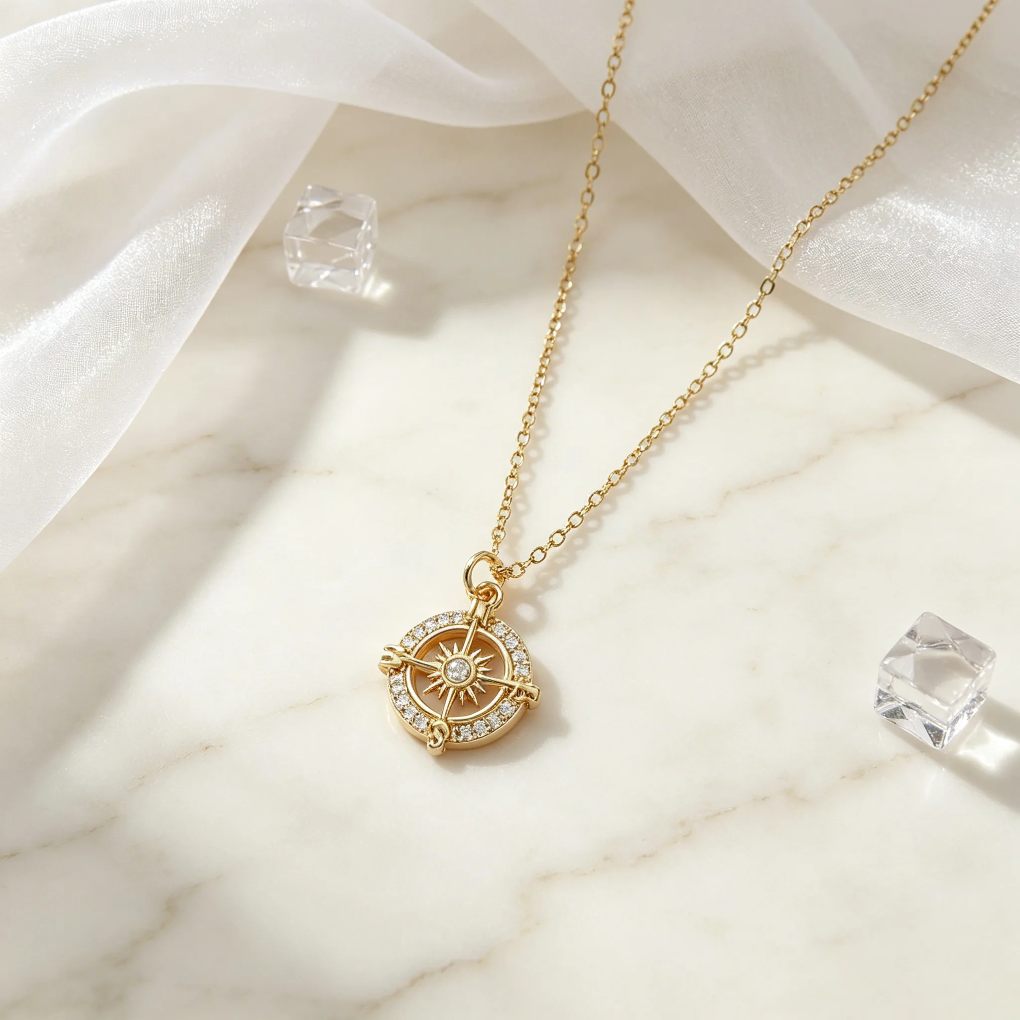 Shiny Zircon Hollow Compass Sun Pendant Thin Chain Charm Necklaces Fashion Graduation Mother's Day Gift Jewelry for Women view 2