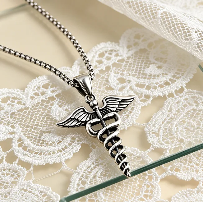 Caduceus Wings Snake Pendant Necklaces for Men Medical Symbol Angel Wing Vintage Punk Hip Hop Streetwear Statement Bold Necklace