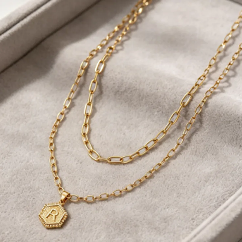 Hexagon Initial Letter Layered Necklace Stainless Steel A-Z Necklaces for Women Paperclip Personalized Dainty Statement Jewelry