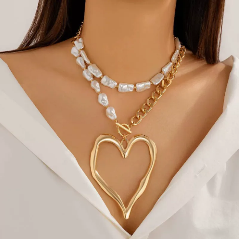 Big Heart Pearl Chunky Chain Necklaces for Women Statement Hollow Love Layered Bold Streetwear Exaggerated Vintage Punk Necklace view 3