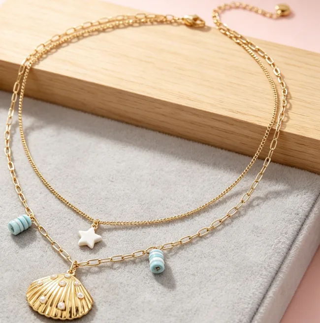 Scallop Shell Pearl Pendant Necklace Stainless Steel Paperclip Chain Boho Layered Necklaces for Women Ocean Beach Jewelry joias de luxo view 2