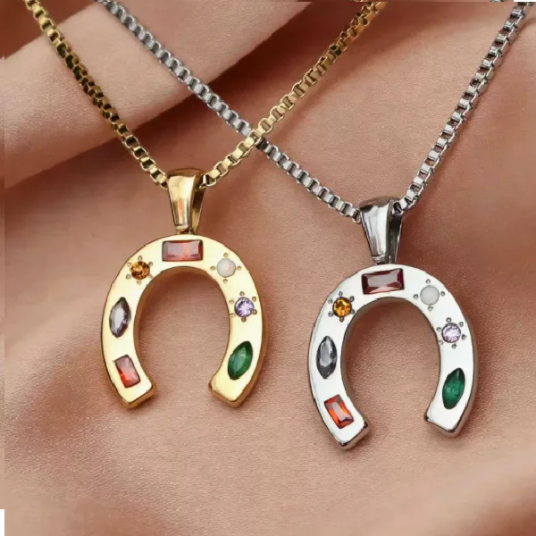Horseshoe Lucky Pendant Necklace Stainless Steel Colorful Cubic Zirconia Box Chain Necklaces for Women Vintage Amulet Jewelry