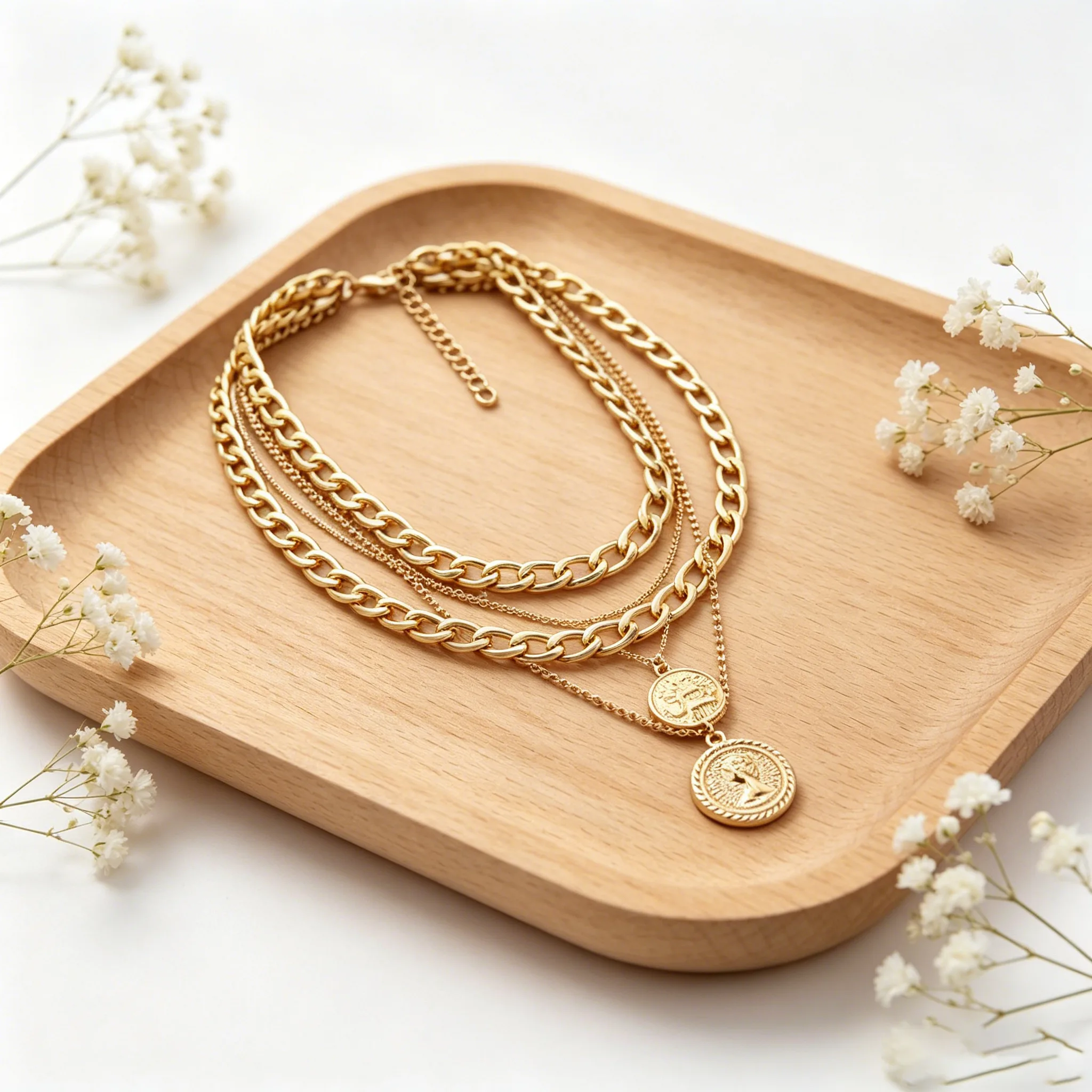 Multi Layer Chunky Figaro Chain Portrait Coin Pendant Necklaces Golden Bold Vintage Unique Stackable Women Statement Necklaces view 3