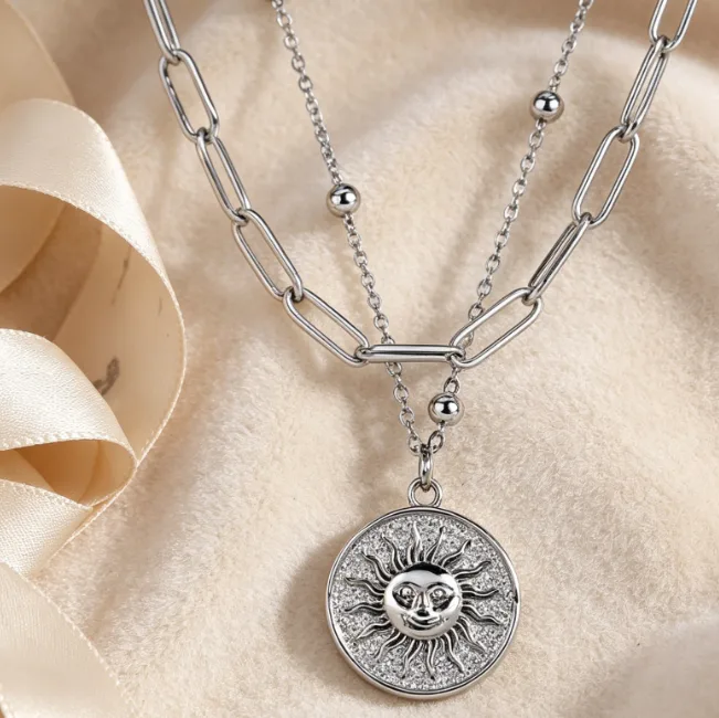 Wholesale Layered Sun Coin Pendant Stainless Steel Necklaces for Women Sunburst Celestial Paperclip Boho Vintage Gift Jewelry view 3