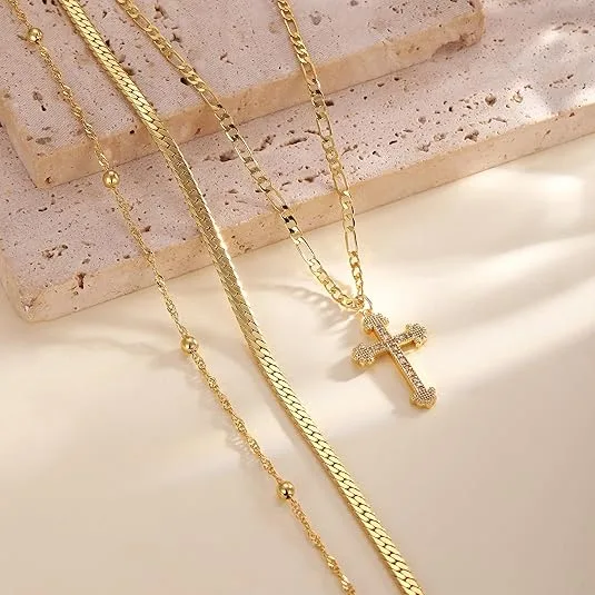 Anti-Tarnish Stainless Steel jewelry Multi Layer Figaro Snake Beaded Chain Zircon Cross Pendant Gold Tone Stackable Women Religious Necklaces view 3