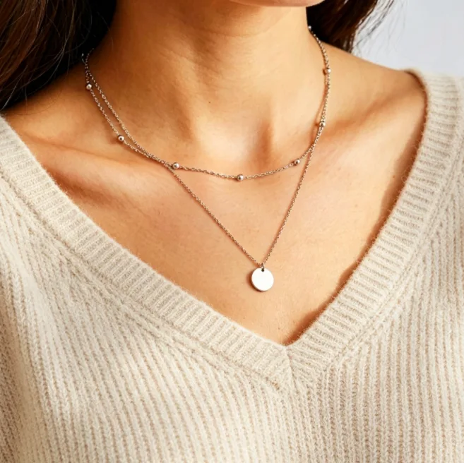 Classic Layered Disc Pendant Necklace Stainless Steel Bead Chain Waterproof Necklaces for Women Dainty Fashion Wholesale Jewelry Gift view 3