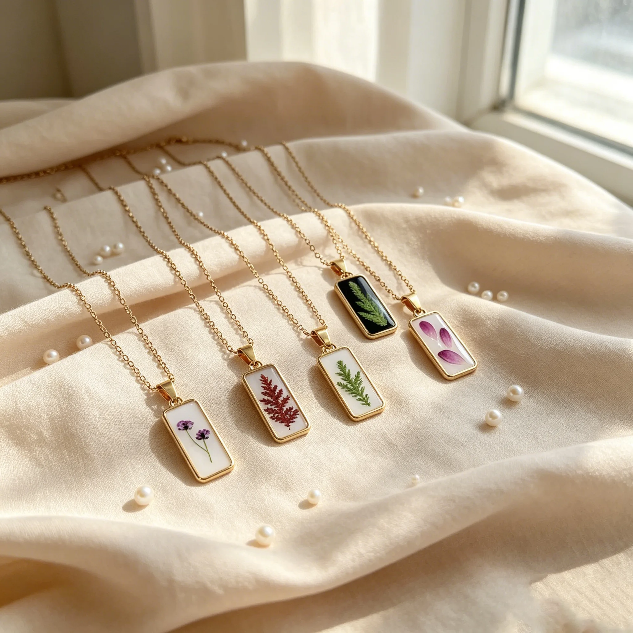 Real Dried Flower Plant Specimen Resin Rectangular Pendant Thin Link Chain Necklaces Gold Tone Vintage Artistic Dainty Nature Inspired Women Designer Jewelry