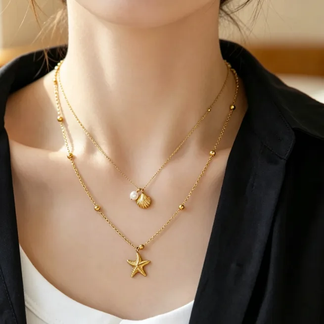 Starfish Shell Pearl Pendant Necklace Stainless Steel Layered Necklaces for Women Ocean Beach Bohemian Jewelry Dainty Boho view 3