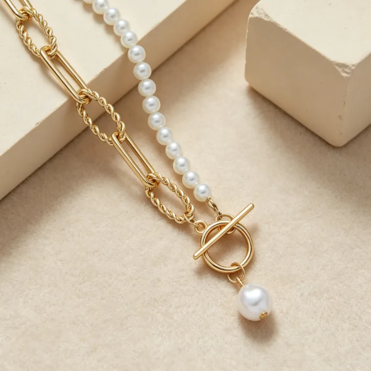 Punk Imitation Pearl Layered Toggle Paperclip Chain Necklaces for Women Baroque Gothic OT Statement Streetwear Vintage Necklace view 3