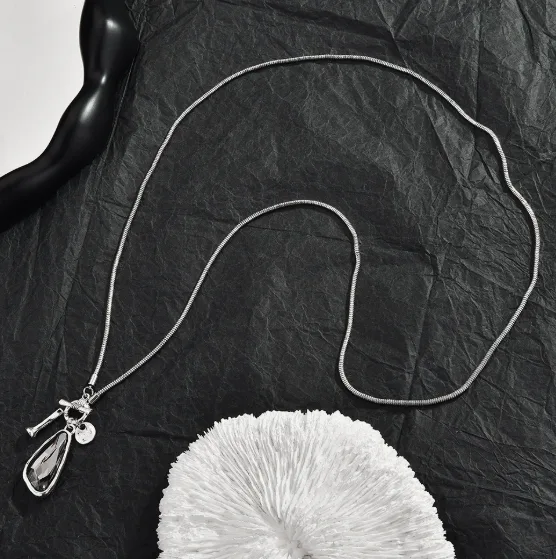 Teardrop Black Crystal Toggle OT Bar Pendant Adjustable Pull Snake Chain Silver Tone Minimal Cool Trendy Women Long Fashion Necklaces view 2