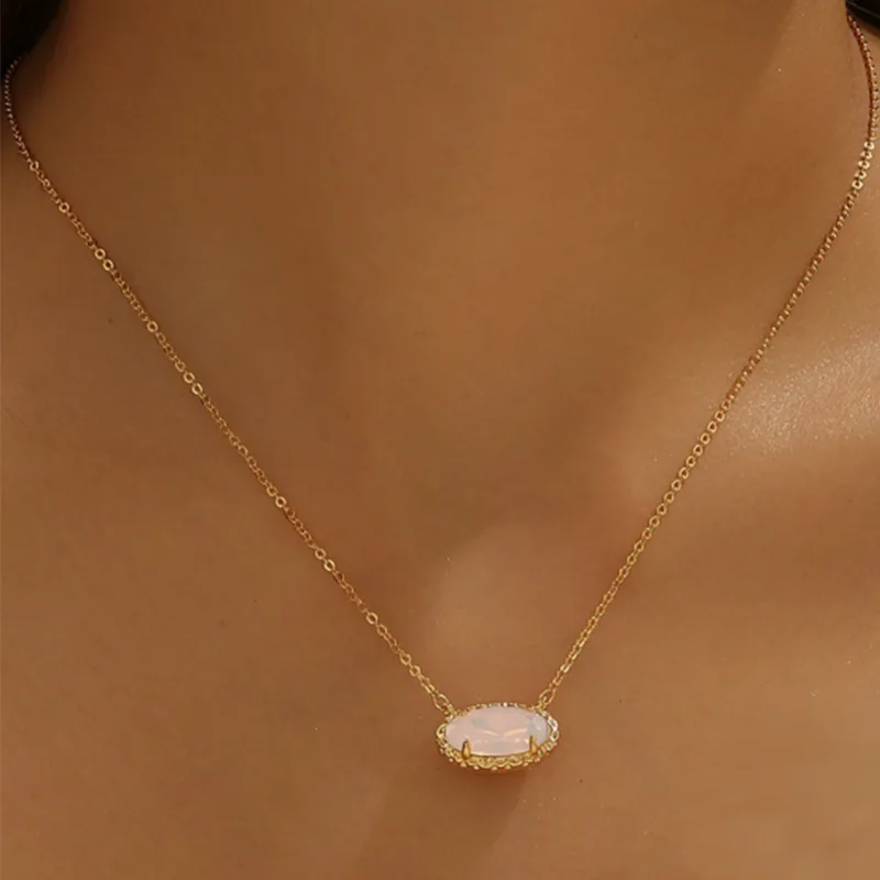18K Gold Plated Oval Pink Gemstone Prong Pendant Dainty Women Fashion Necklaces Hypoallergenic Waterproof Anti-Tarnish Stainless Steel Jewelry view 3