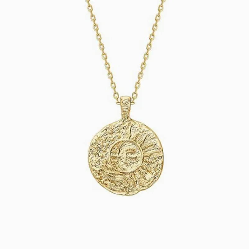 Vintage Textured Round Coin Pendant Necklaces Sun Moon Embossed Designer Dainty Gold Tone Clavicle Chain Women Boho Daily Jewelry