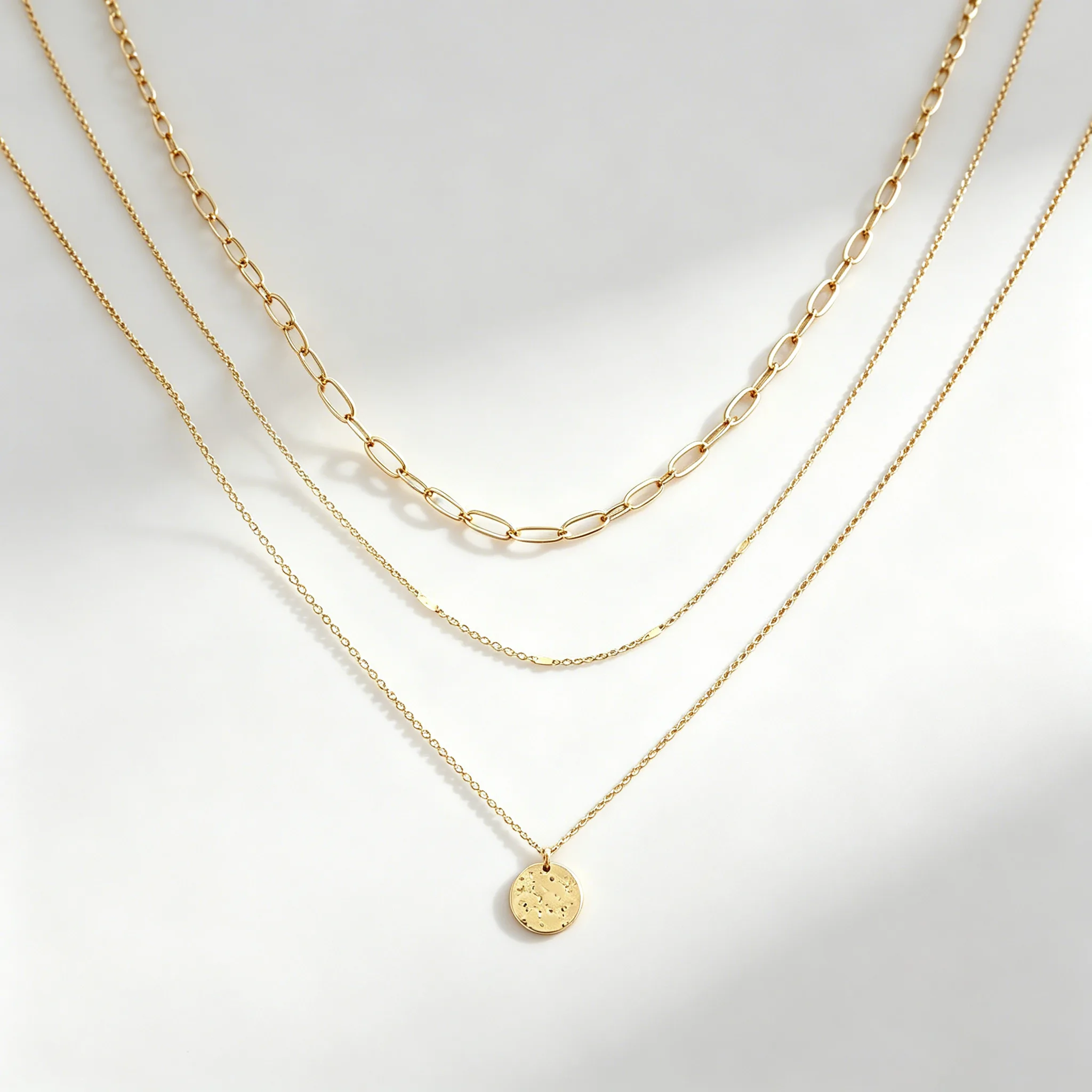 Anti-Fade 18K Gold Plated Stainless Steel jewelry Three Layer Paperclip Chain Hammered Disc Pendant Minimalist Stackable Necklaces for Women