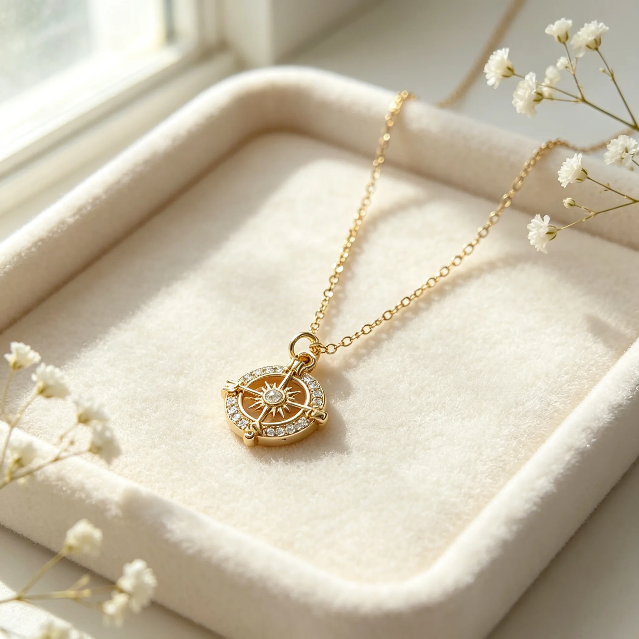 Shiny Zircon Hollow Compass Sun Pendant Thin Chain Charm Necklaces Fashion Graduation Mother's Day Gift Jewelry for Women view 3