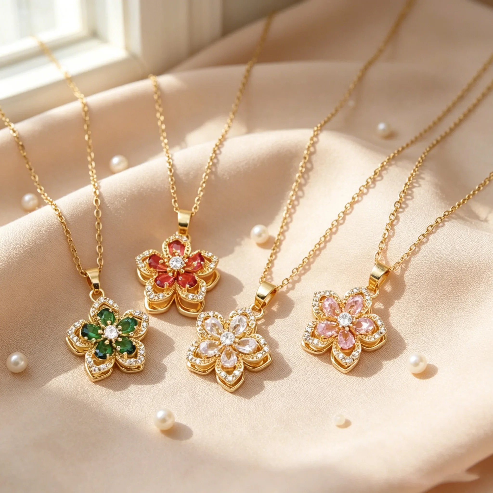 Multi Color Shiny Zircon Rotatable Five Petal Flower Pendant Fidget Necklaces Dainty Light Luxury Fashion Women Daily Gift Jewelry view 2