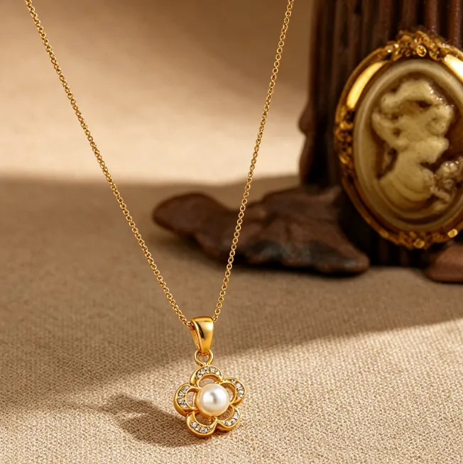 Camellia Flower Pearl Pendant Necklace Stainless Steel CZ Necklaces for Women Floral Elegant Korean Sweet Wedding Bridal Daily view 2