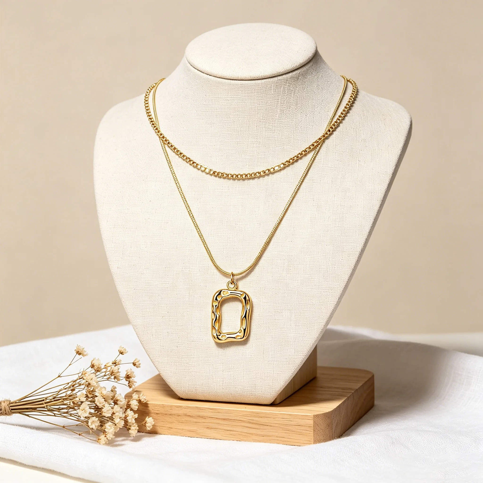 Anti-Tarnish Vacuum Plated Stainless Steelj ewelry Double Layer Square Art Frame Pendant 18K Gold Tone Minimal Women Stackable Necklaces view 3
