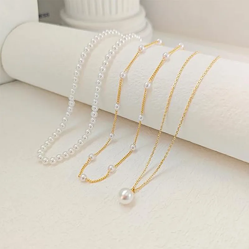 Wholesale Imitation Pearl Layered Pendant Stainless Steel Necklaces for Women Dainty Beaded Wedding Bridal Elegant Boho Aesthetic Gift Jewelry