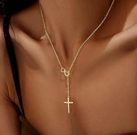 Infinity Symbol Cross Tassel Pendant Thin Cable Chain Gold Tone Minimal Dainty Religious Necklaces fancy jewelry for Women view 3