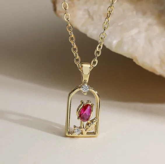 18K Gold Plated Sparkly Multi Zircon Rose Floral Pendant Thin Link Chain Necklaces Gold Tone Vintage Elegant Dainty Versatile Women Daily Fashion Jewelry view 2