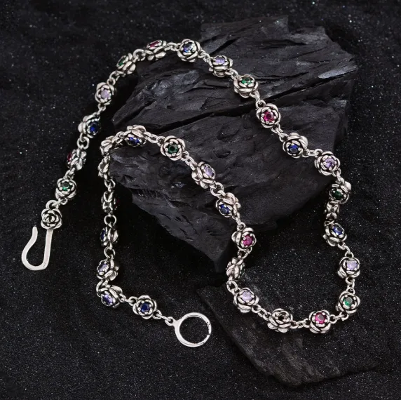 Colorful Rainbow Zircon Rose Flower Link Toggle Clasp Silver Tone Cool Minimal Chic Unique Women Statement Fashion Boho Necklaces view 2