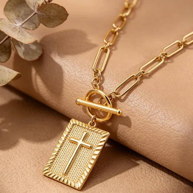 Wholesale 18K Gold Plated Square Pendant Toggle Stainless Steel Paperclip Necklaces for Women OT Cross Statement Chunky Jewelry