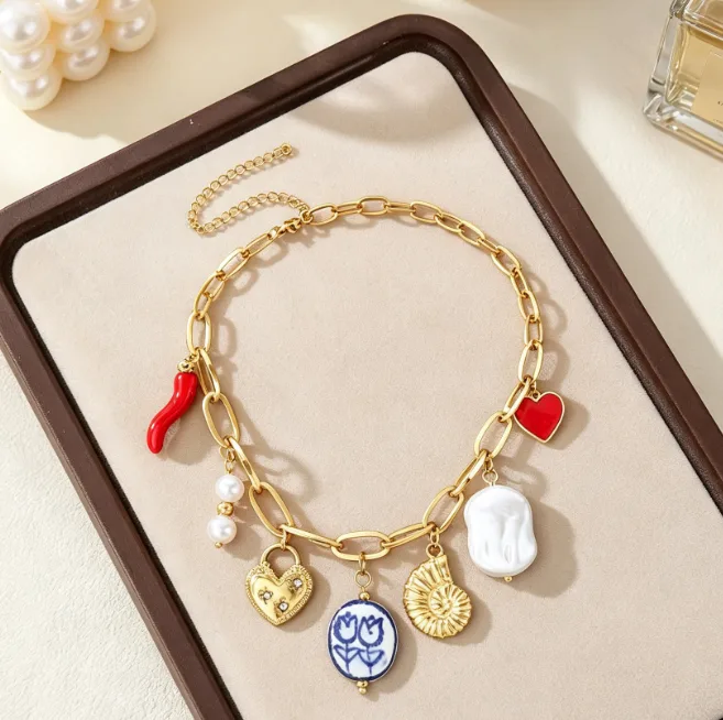Boho Charms Pendant Necklace 18K Gold Plated Stainless Steel Paperclip Chain Baroque Pearl Necklaces for Women Vacation Trendy view 3