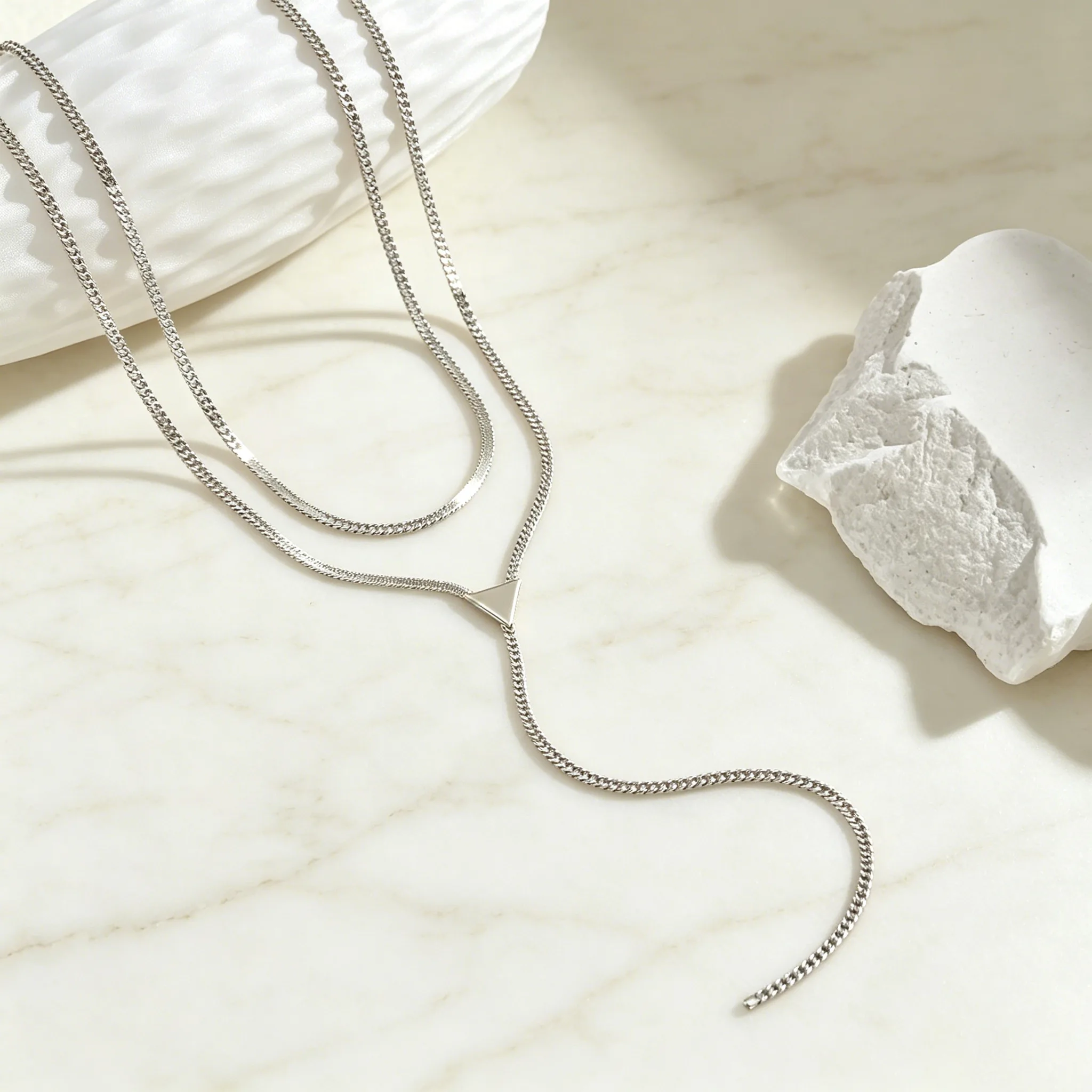 Two Layer Flat Snake Chain Y Shape Choker Necklaces Triangle Pendant Silver Gold Tone Minimalist Trendy Women Evening Party Jewelry