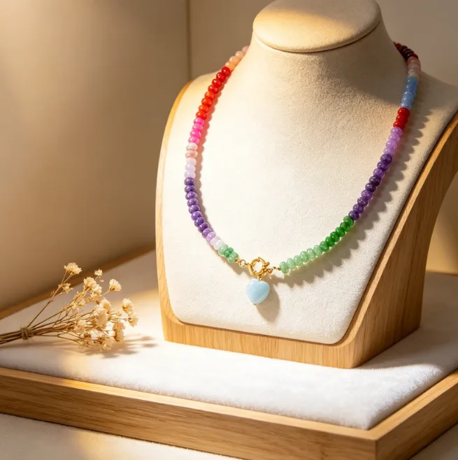 Colorful Gemstone Beaded Heart Pendant Necklace Rainbow Candy Color Beads Necklaces for Women Boho Summer Beach Vacation Trendy view 2