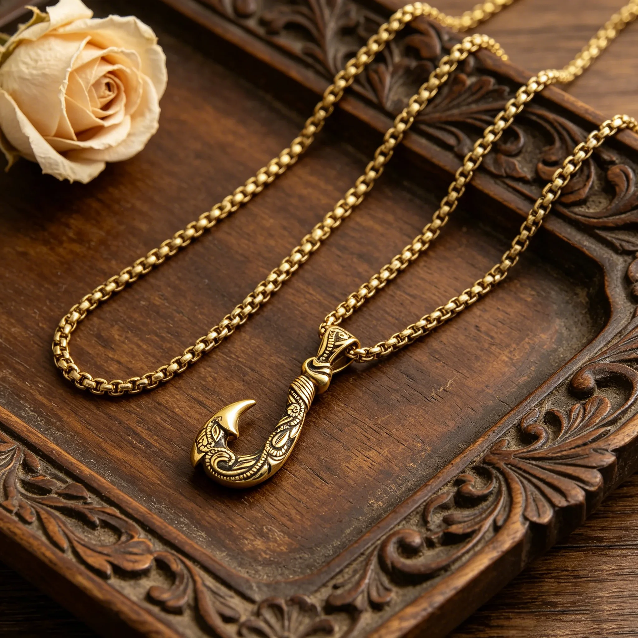 Hypoallergenic Waterproof Anti-Tarnish Stainless Steel Engraved Viking Fish Hook Pendant Box Chain Retro Hip Hop Unisex Trendy Statement Necklaces view 3