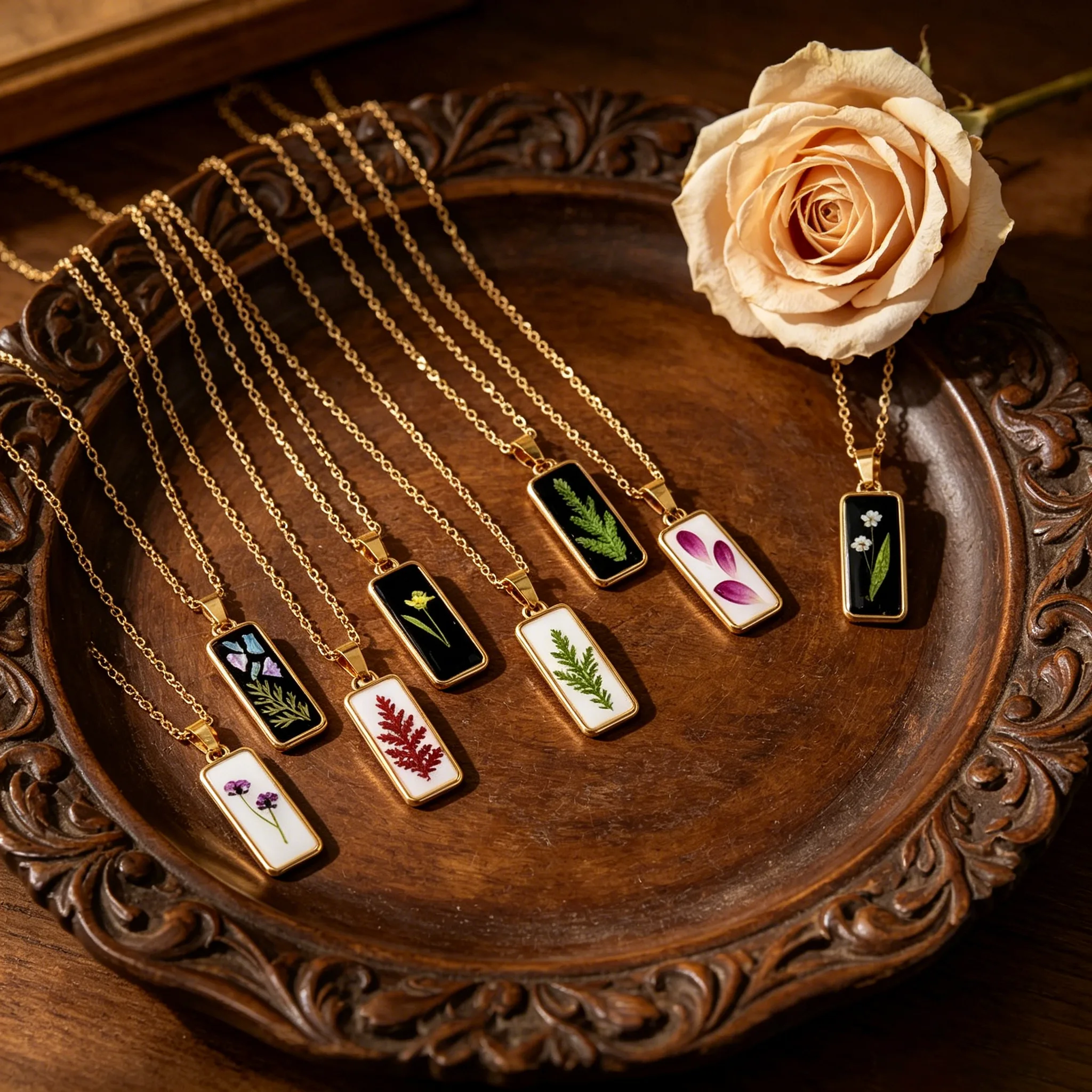 Real Dried Flower Plant Specimen Resin Rectangular Pendant Thin Link Chain Necklaces Gold Tone Vintage Artistic Dainty Nature Inspired Women Designer Jewelry view 2