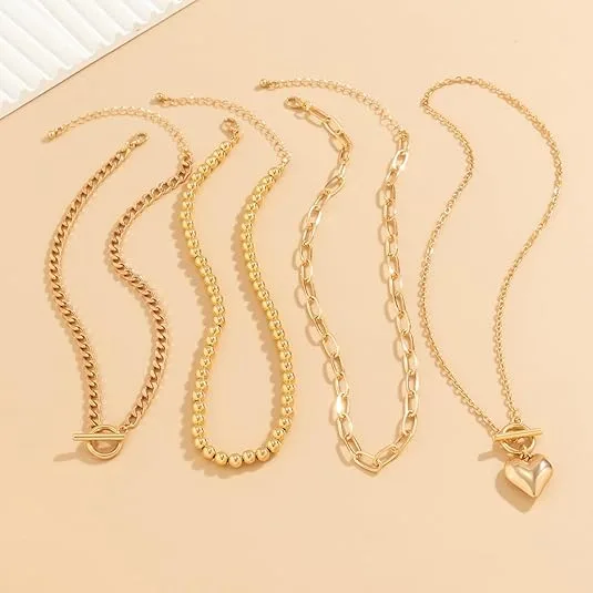 Multi Layer Ball Bead Paperclip Chain OT Toggle Solid Heart Pendant Gold Tone Hip Hop Stackable Women Statement Necklaces