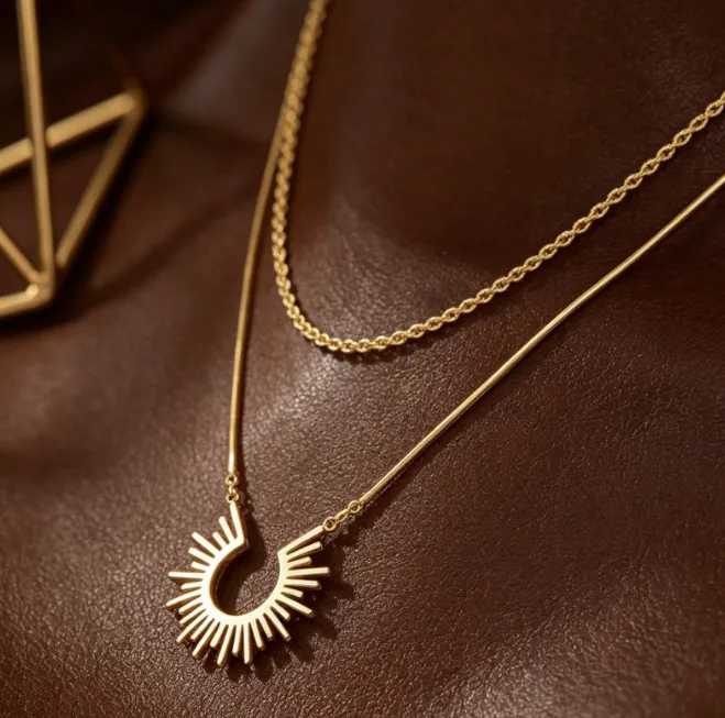 Sunburst Pendant Layered Rope Chain Necklaces for Women Sun Celestial Dainty Minimalist Boho Vintage Statement Gift Necklace