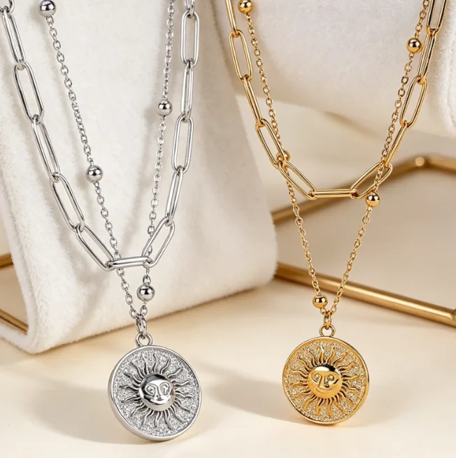 Wholesale Layered Sun Coin Pendant Stainless Steel Necklaces for Women Sunburst Celestial Paperclip Boho Vintage Gift Jewelry