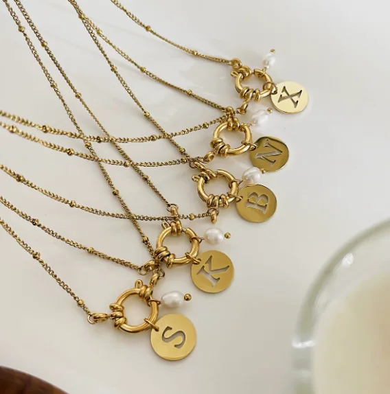 Waterproof Hypoallergenic Anti-Tarnish Stainless Steel Toggle Clasp Initial Disc Freshwater Pearl Beaded Chain Personalized Women A-Z Letter Necklaces view 2