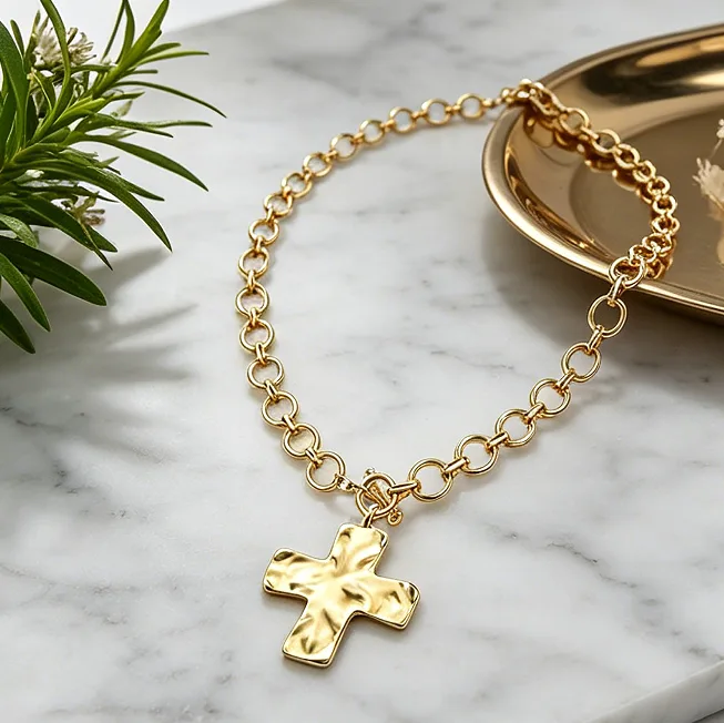 Hammered Cross Pendant Toggle Stainless Steel Chunky Chain Necklaces for Women OT Statement Religious Streetwear Necklace view 3