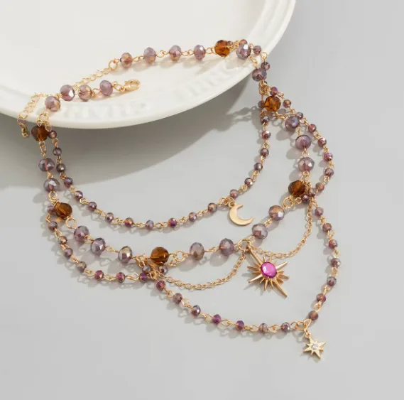 Multi Layer Iridescent Beaded Moon Star Sunburst Tassel Pendant Designer Mystic Vintage Bohemian Fashion Necklaces Jewelry for Women