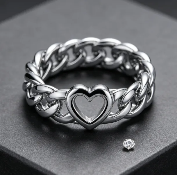 Trendy Heart Chain Rings Stainless Steel Couple Rings for Women Oval Cluster Designer Rings in Gold Silver for Gift view 3