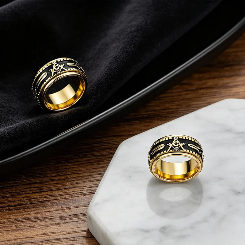 Masonic Rotatable Spinner Biker Ring Two Tones 18K Gold Plated Stainless Steel Rings Bless Men Rings Gift Designer Rings view 2