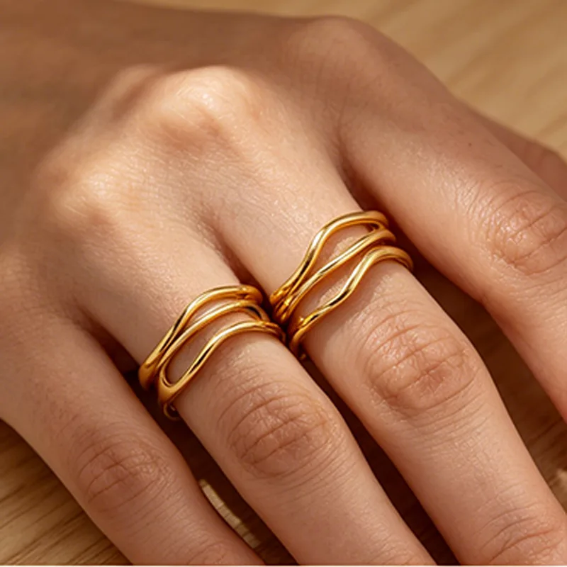 Muxcor Waterproof Non Tarnish Rings for Women Designer Rings Stainless Steel Geometric Trendy Chunky Multi-Layer Cross Ring view 2