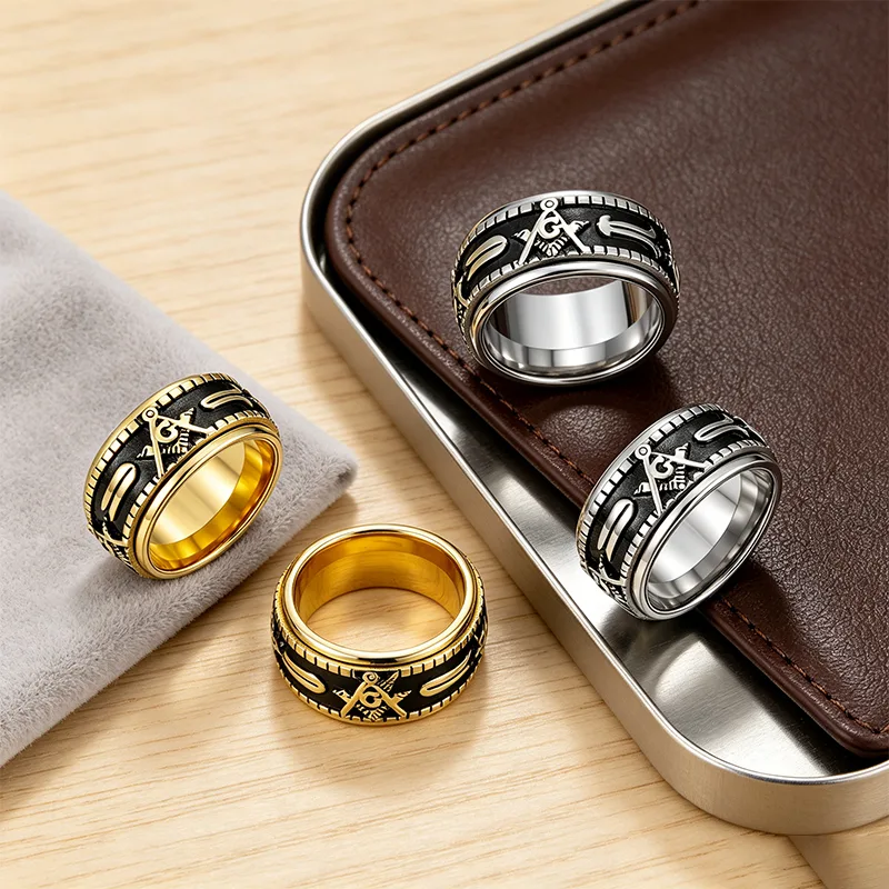 Masonic Rotatable Spinner Biker Ring Two Tones 18K Gold Plated Stainless Steel Rings Bless Men Rings Gift Designer Rings view 3