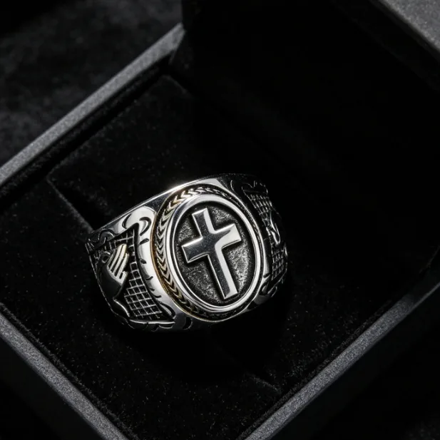 High Quality Stainless Steel Cross Men Rings Punk Style Gold Black Dripping Oil Design Hand God Wedding Engagement Gift view 2
