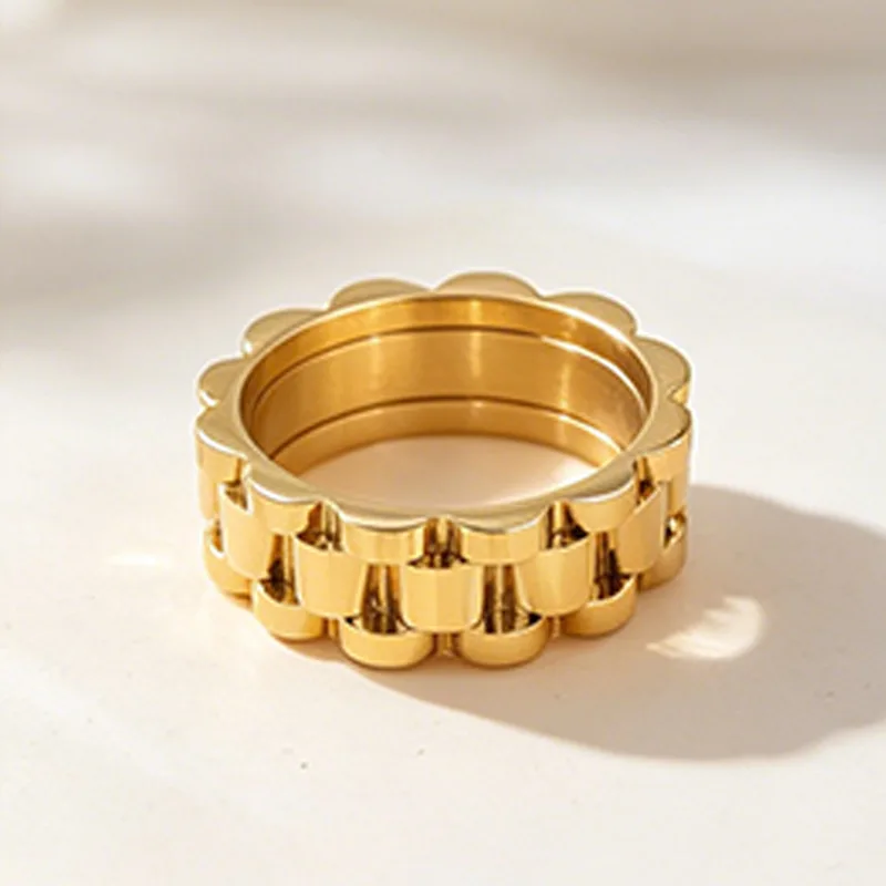 Waterproof Dainty Stacking Cuban Chain Link Band Designer Rings For Women Gold Plated Rings Stainless Steel Bold Dome Trendy view 2