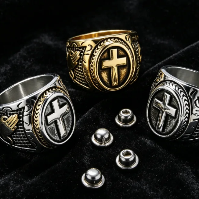 High Quality Stainless Steel Cross Men Rings Punk Style Gold Black Dripping Oil Design Hand God Wedding Engagement Gift