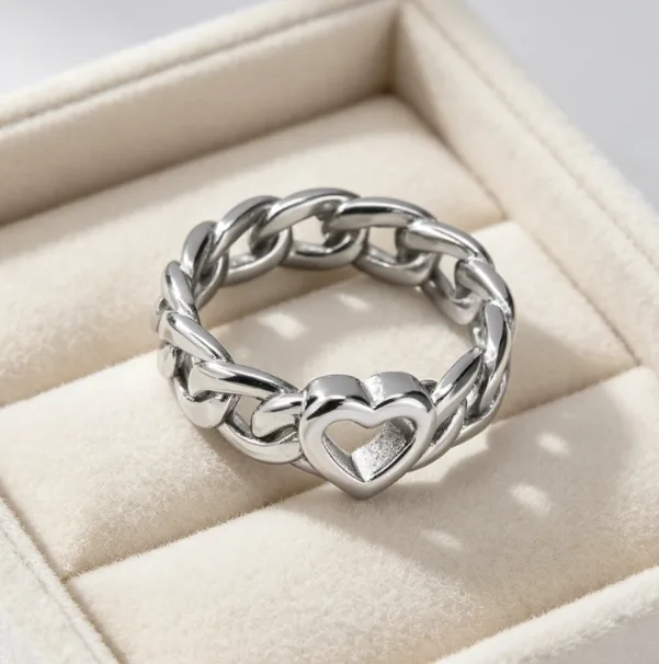 Trendy Heart Chain Rings Stainless Steel Couple Rings for Women Oval Cluster Designer Rings in Gold Silver for Gift view 2