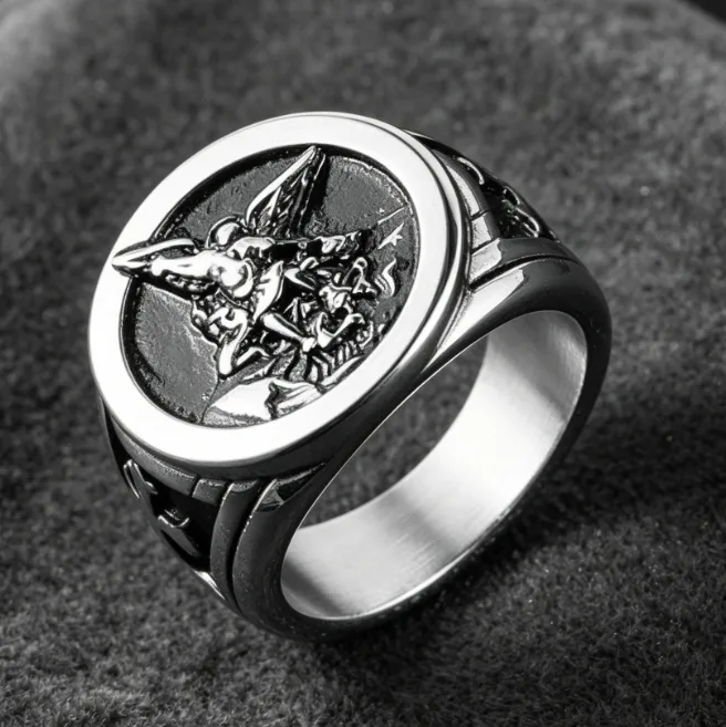 Greek Mythology Crusader Cross Ring Designer Rings Hip Hop Rings Stainless Steel Men Ring Vintage Rings Punk Angel Pattern view 3