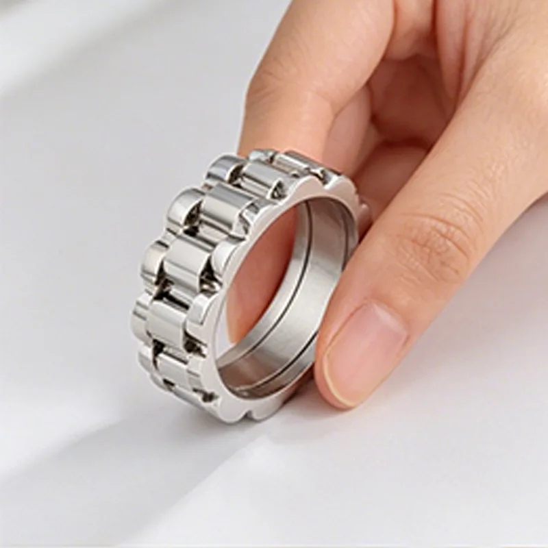 Waterproof Dainty Stacking Cuban Chain Link Band Designer Rings For Women Gold Plated Rings Stainless Steel Bold Dome Trendy view 3