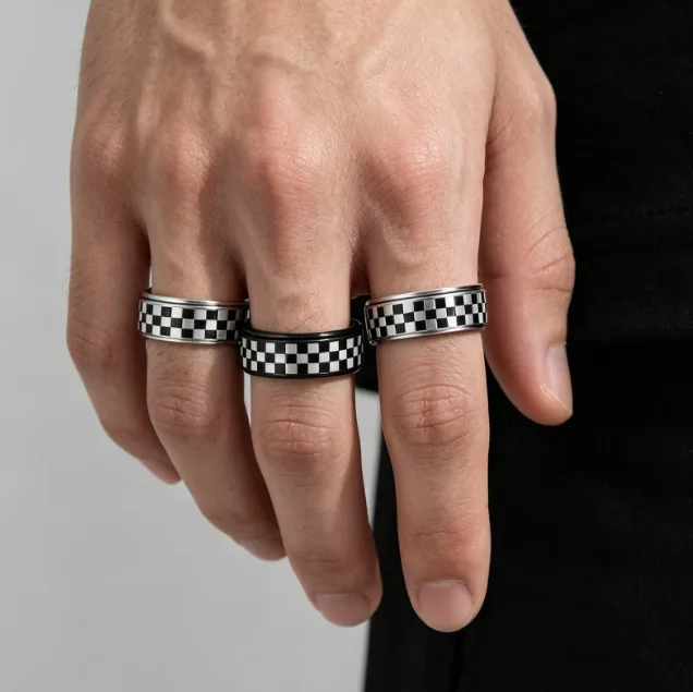 Classic Vintage Rings Stainless Steel Silver Plated Racing Flag Black and White Chessboard Grid Rotatable Ring Unisex Men Rings view 3