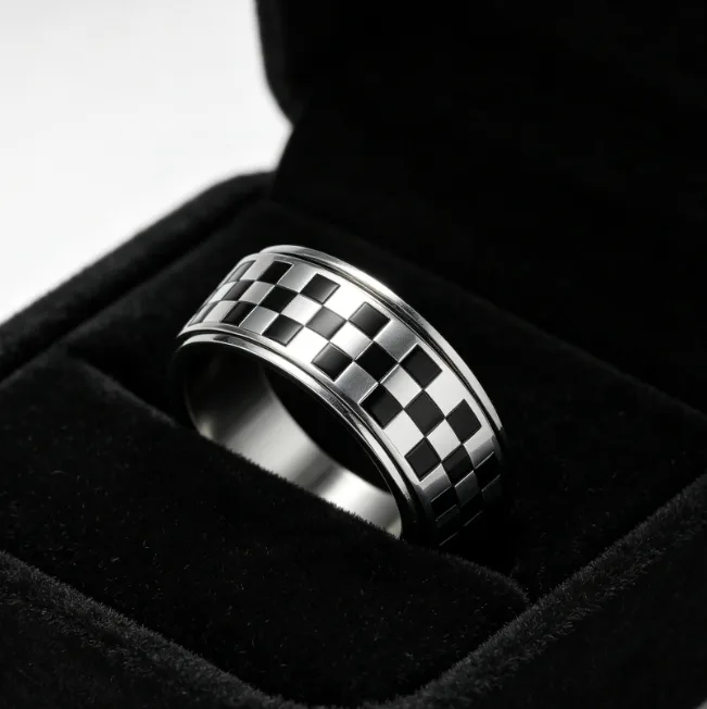 Classic Vintage Rings Stainless Steel Silver Plated Racing Flag Black and White Chessboard Grid Rotatable Ring Unisex Men Rings view 2